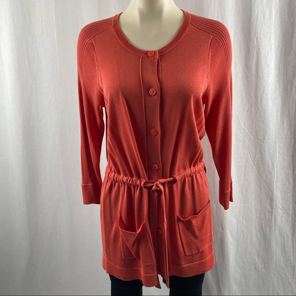 Amber Sun Burnt Orange Button Up Cardigan with Drawstring Belt and Patch Pockets